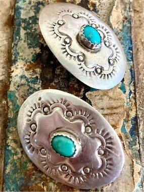 Sterling Silver and Turquoise Colored Oval Concho Earrings Clip-ons Mexico